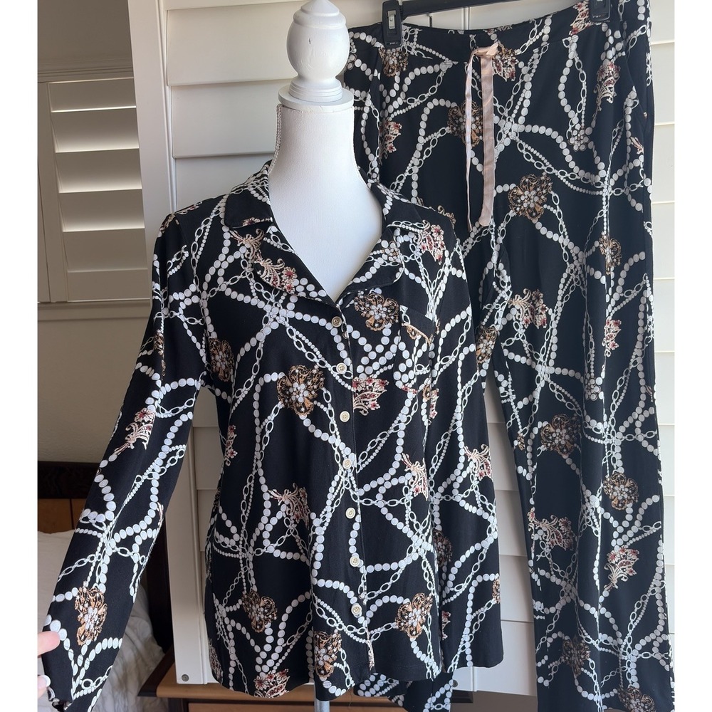 Soma Intimates Pearl Chain Jewels Pajamas Top Lounge Pants Sleep Set Black M